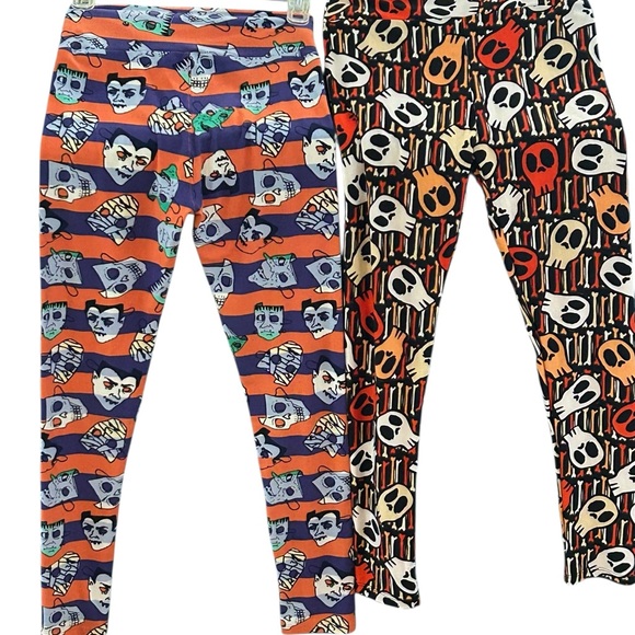 2 Pair LuLaRoe OS Leggings SKULLS And Monsters Halloween One Size (Size 2-10) - Picture 1 of 3